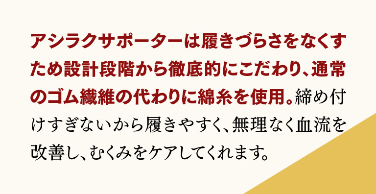 アシラクサポーターは履きづらさをなくすために設計段階から徹底的にこだわり、通常のゴム繊維の代わりに綿糸を使用。